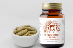 RDR Wellness 10 Mushroom Blend Herbal  Capsule  80 count Front of Bottle  with capsules 