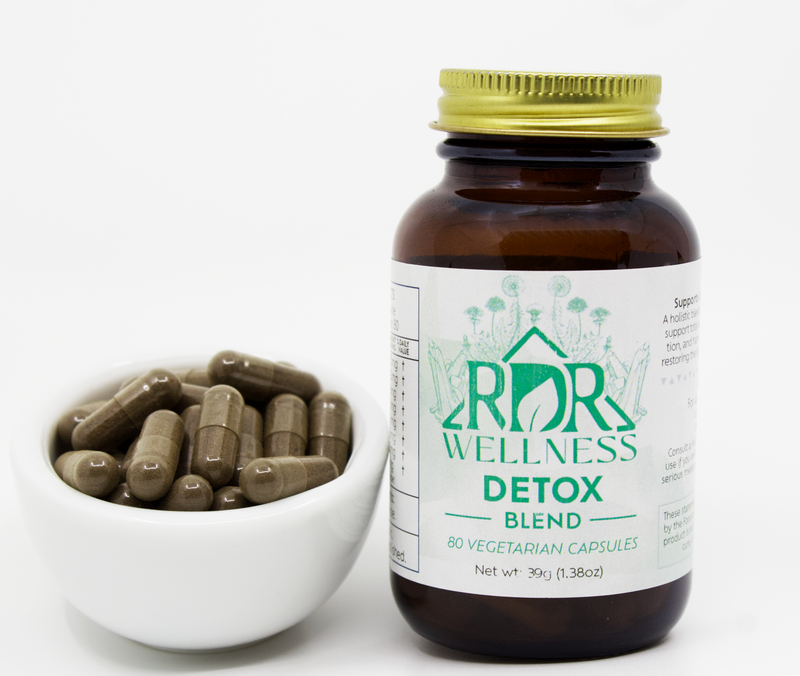 RDR Wellness Detox Herbal Capsule 80 count- Front of Bottle with capsules. 